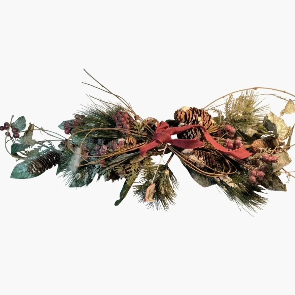 Holiday Pinecone Berry Swag Garland Red Ribbon Bow Handcrafted